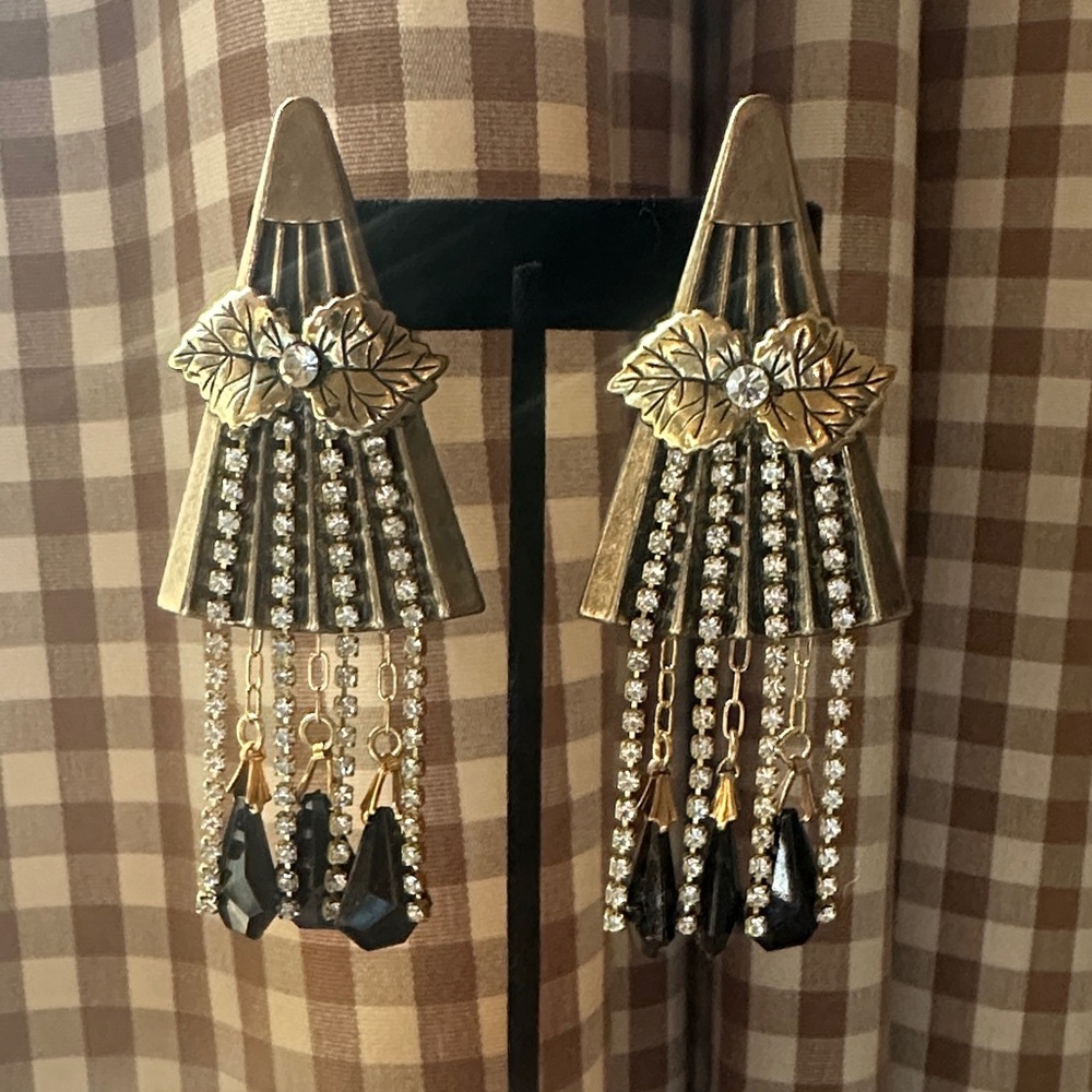 Vintage STUNNING Gold and Black Leaf geometric statement estate Earrings